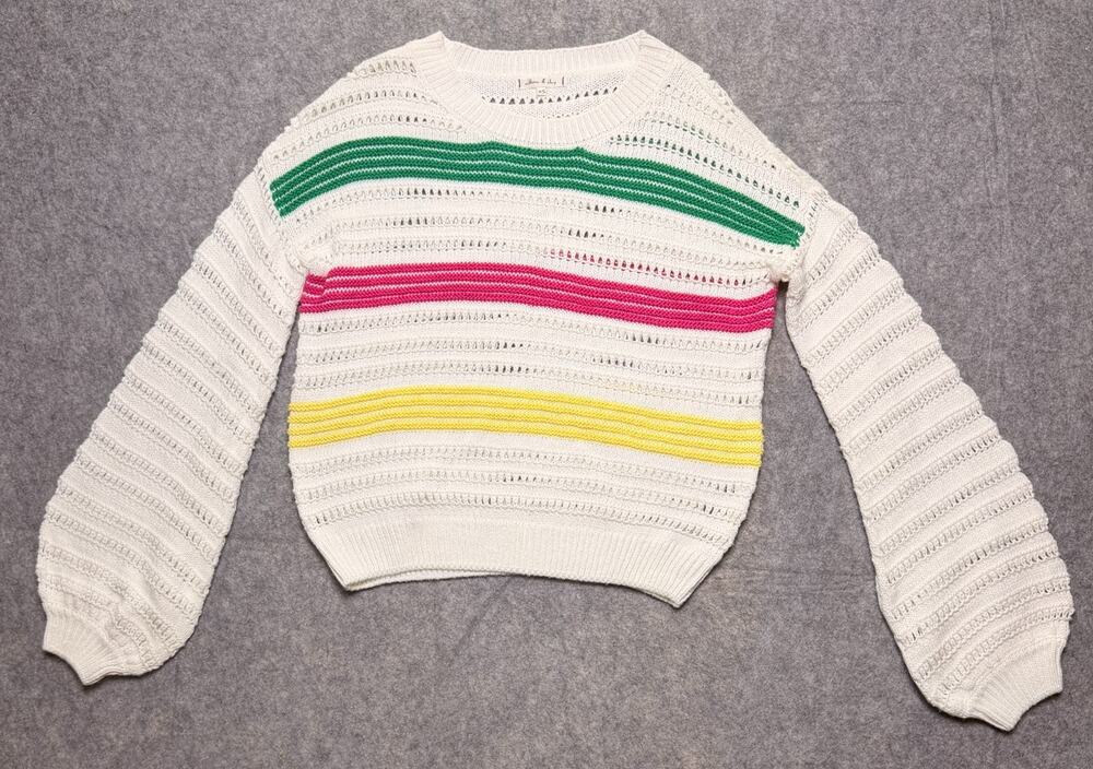 Womens XS White Open Knit Green Pink Stripe Balloon Sleeve Sweater Willow & Clay